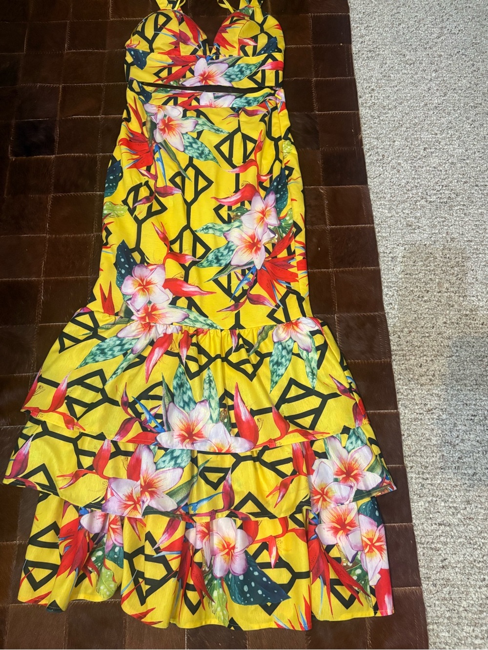 Floral Yellow Maxi Dress with Tropical Print